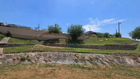 A slope stepped into grassy terraces with stone-faced retaining walls and small trees along the top